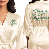 Personalized cream beige quinceanera robes with emerald green glitter. Hermana de la quinceanera getting ready robes.