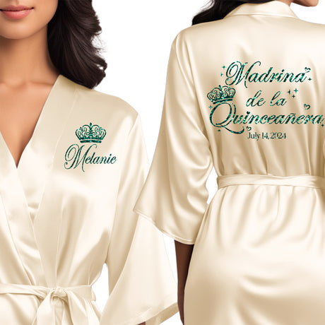 Satin cream beige quince robes with emerald green glitter. Madrina de la quinceanera gtting ready robes.