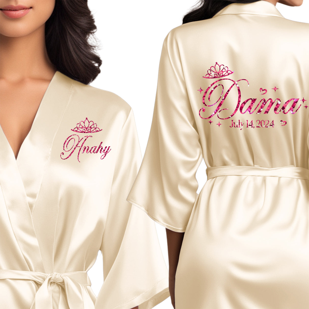 Cream beige quinceanera robes for damas. Beautiful satin cream beige robes withfuchsia glitter.