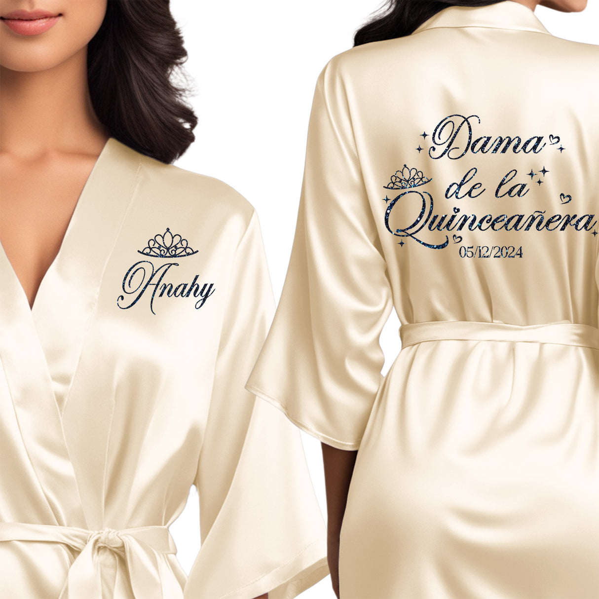 Dama de la quinceanera satin robes that can be personalized for your quinceanera squad.