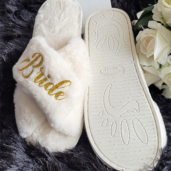 BluChi Cute Fluffy Slippers for Women - Personalized Bridesmaid Slippers in Sizes XS to XL - Custom Bride Gift