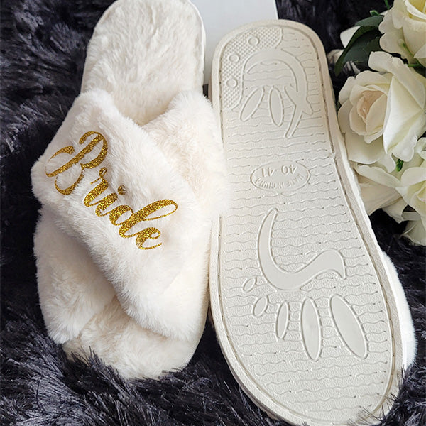BluChi Personalized Fluffy Slippers for Women/ Bridesmaid & Bride Gift