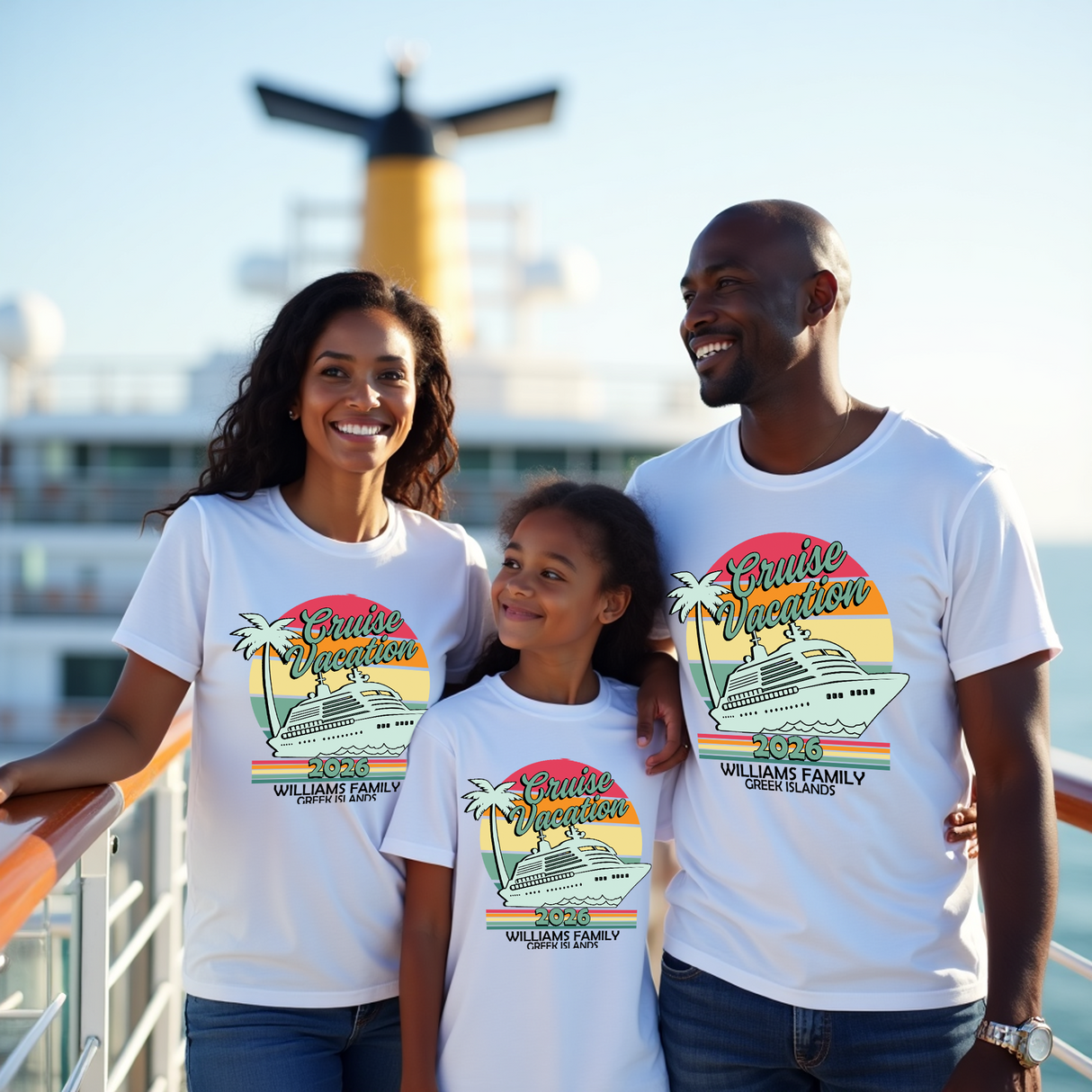 Family wearing a cute family vacation shirt with custom name, the perfect tee for matching shirts on a cruise. 