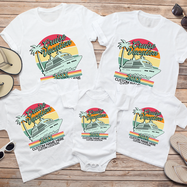 Family vacation shirts for cruise with custom name. The perfect white shirt for a family trip on the sea. 