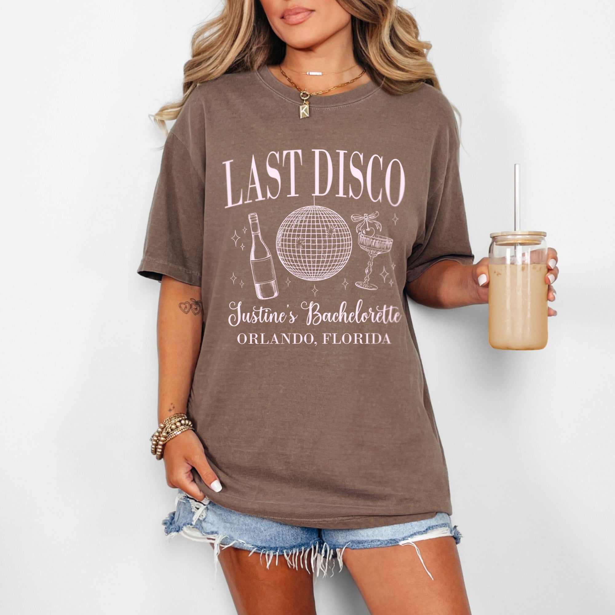 Comfort Colors t-shirt with personalized text for bride and bridal party, ideal for destination bachelorette weekends and thoughtful gifts for bridesmaids.