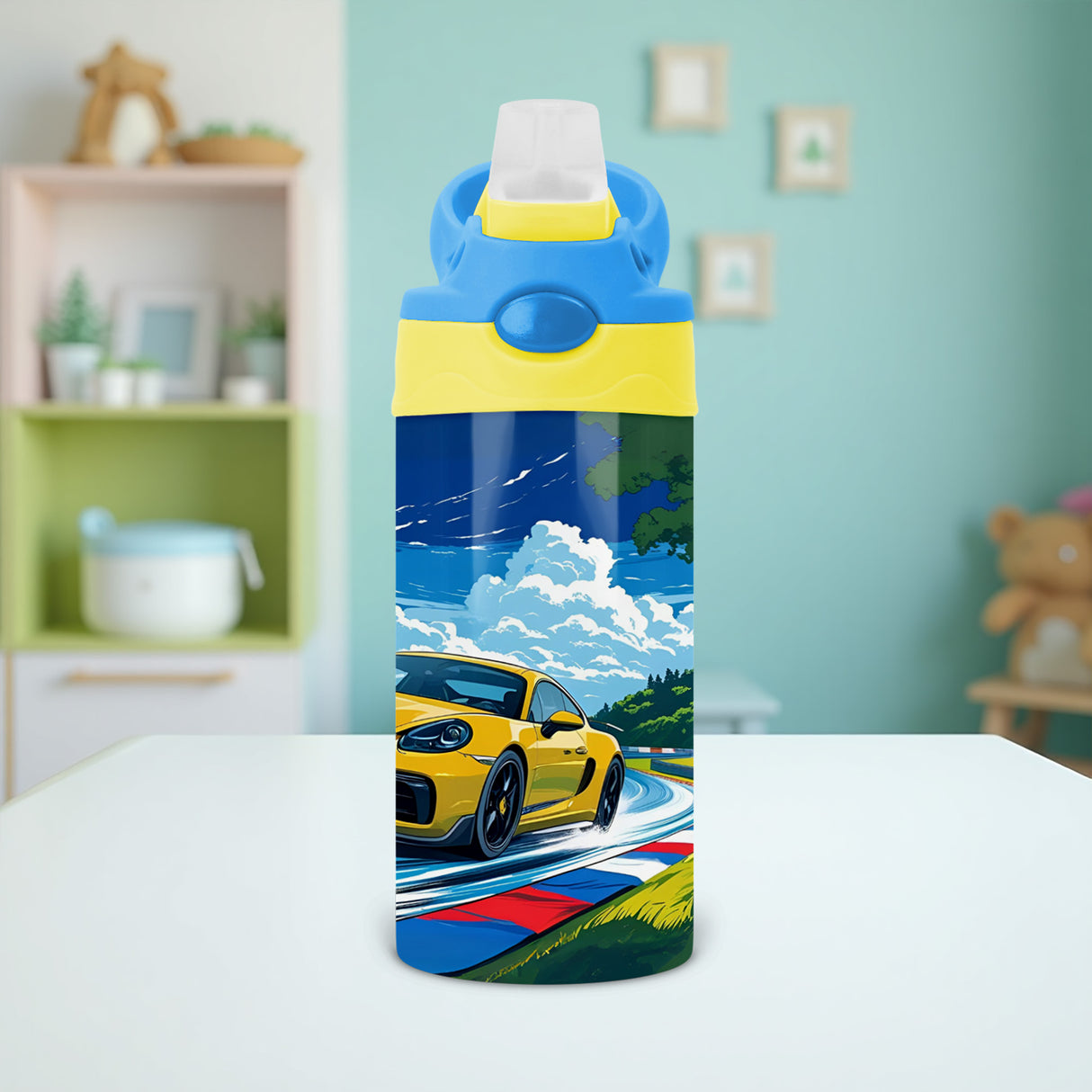 Custom Race Car Kids Water Bottle with name printed, perfect for back to school personalized gifts for boys and girls.