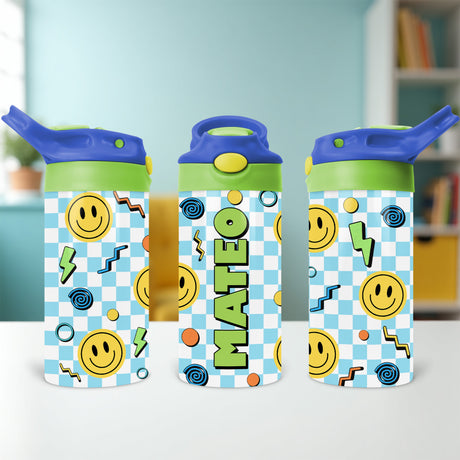 Custom retro kids water bottle with name perfect for personalized back to school gifts and school supplies for boys and girls.