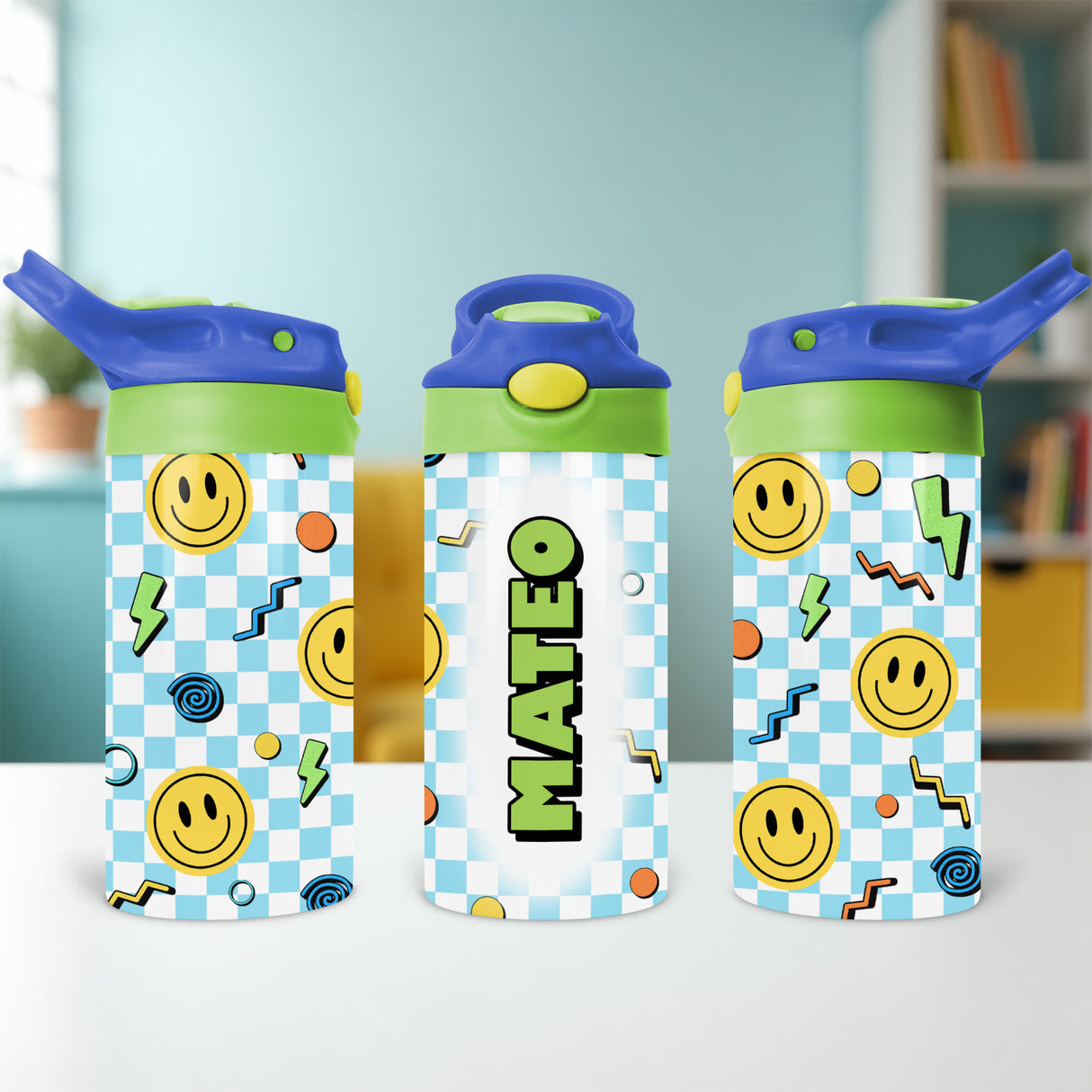 Custom retro kids water bottle with name perfect for personalized back to school gifts and school supplies for boys and girls.