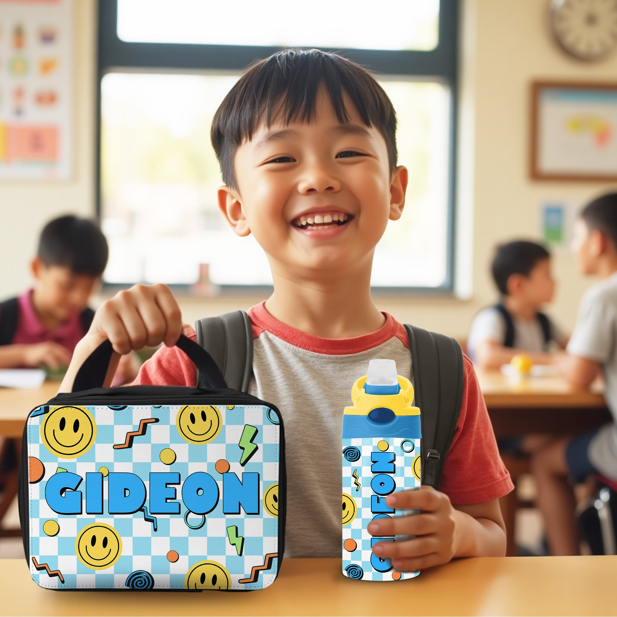 Personalized back to school gift set for kids with custom name lunch box and water bottle, ideal for preschool, kindergarten, or elementary school.