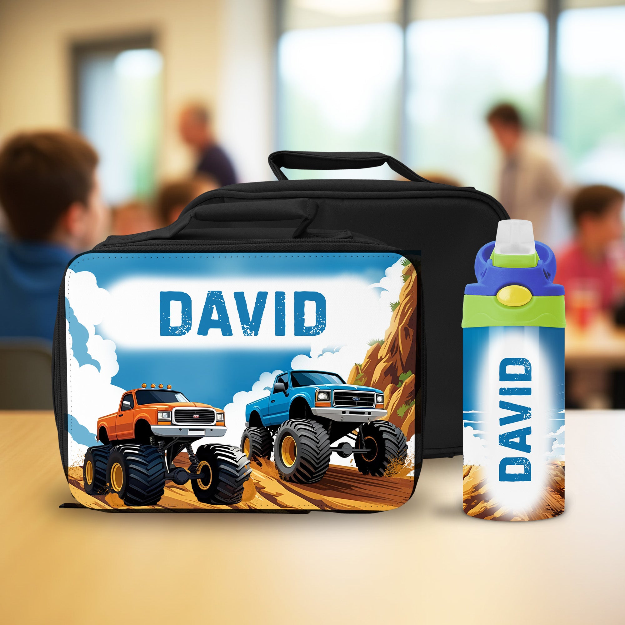 This personalized monster truck lunch box and water bottle set with name is perfect for boys who love monster trucks.