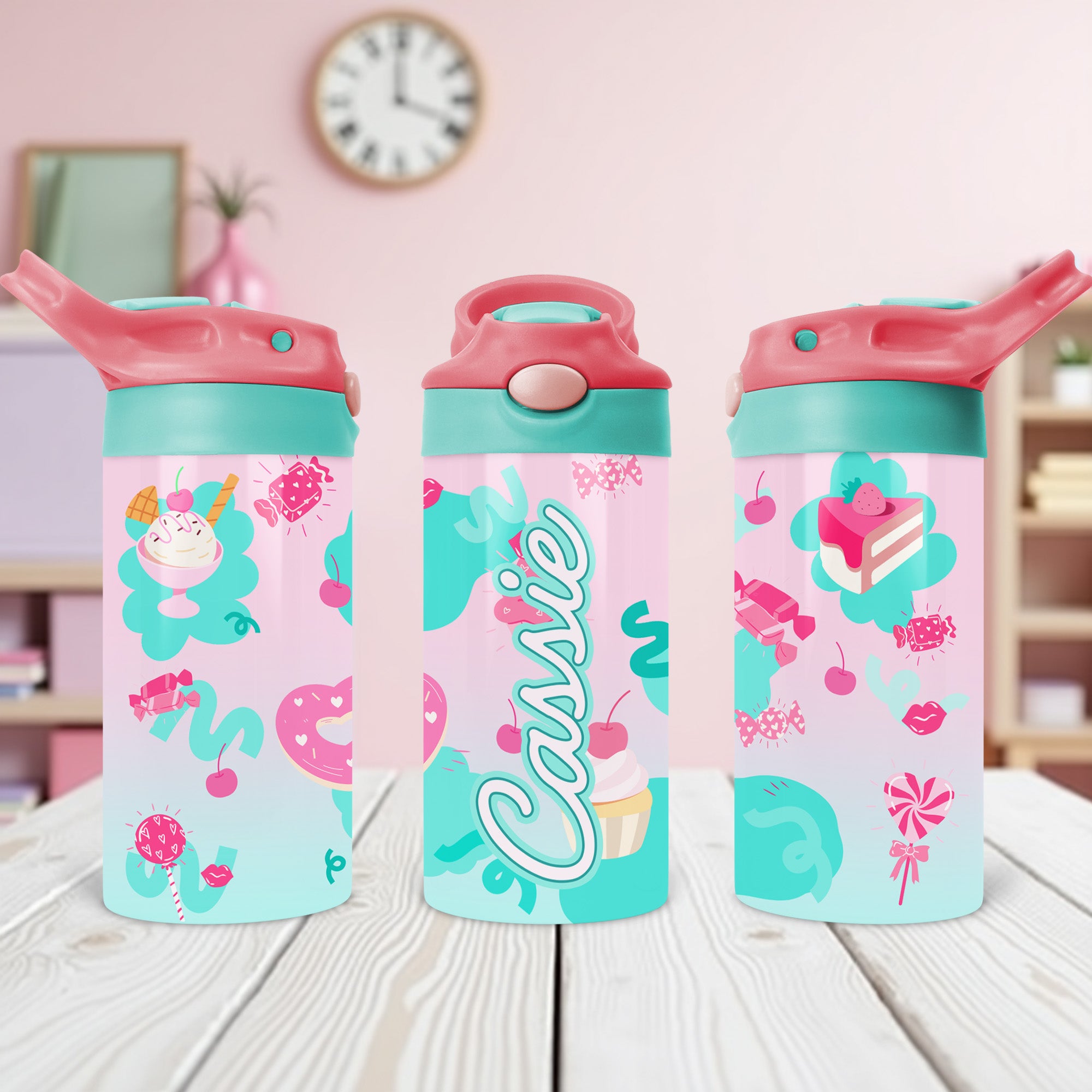 Personalized sweet treat water bottle for kids with custom name, perfect for school and snacks.