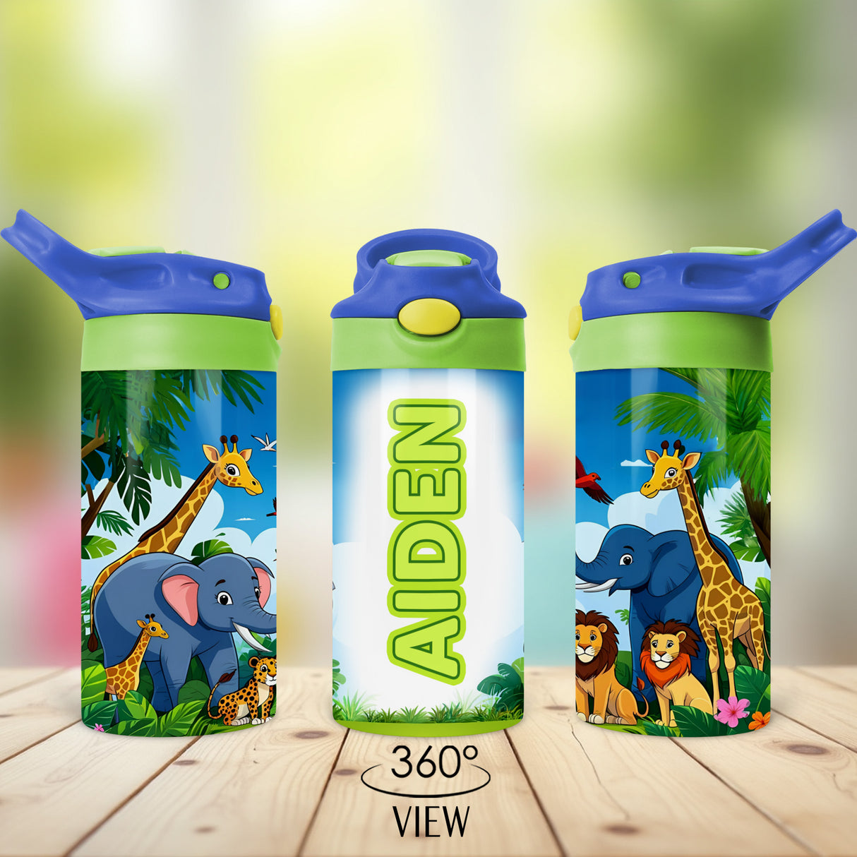Custom Safari Kids Water Bottle with Name featuring jungle animals, great for preschool, kindergarten, and school lunchboxes