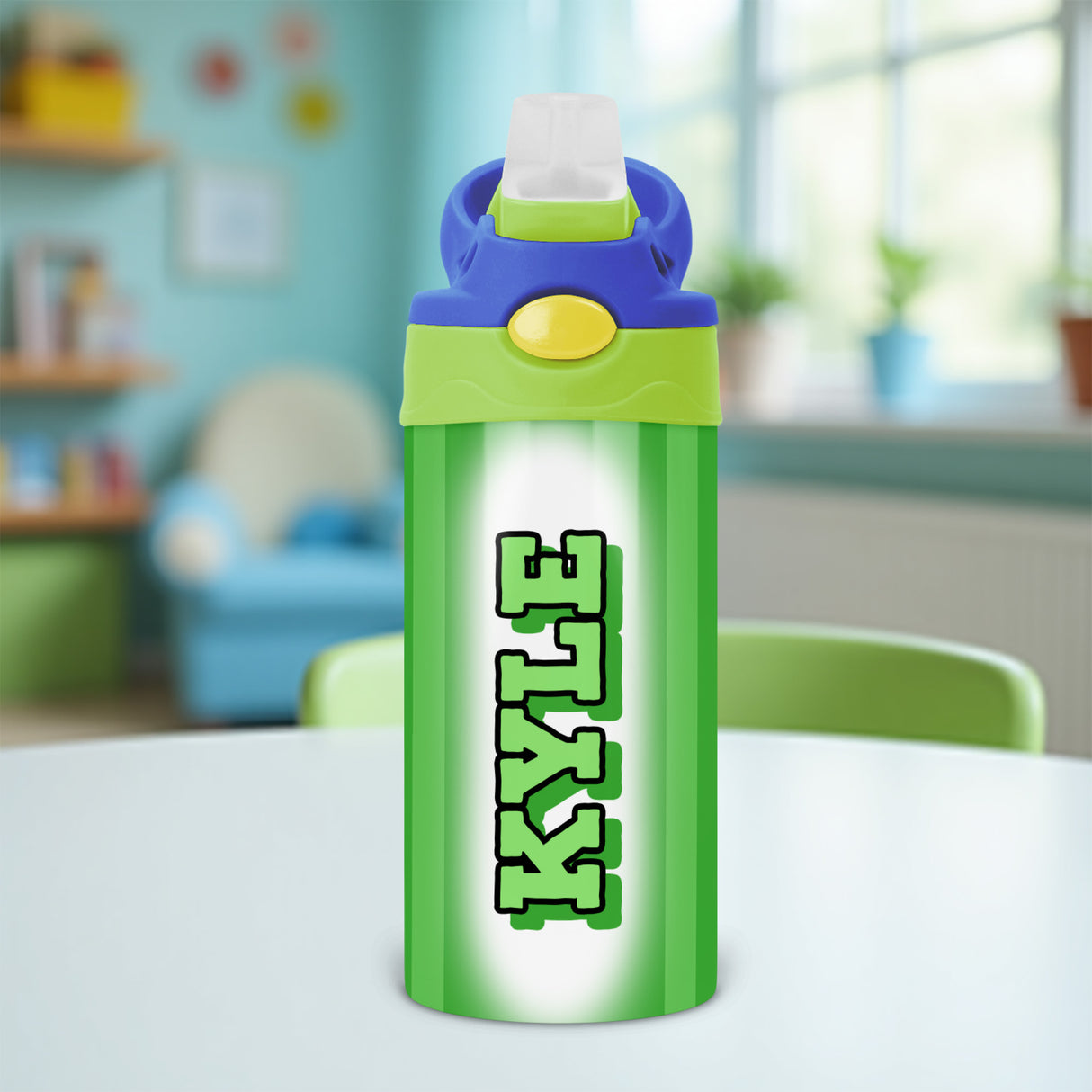 Personalized baseball water bottle for kids with custom name and flip top lid, perfect for baseball practice or school.