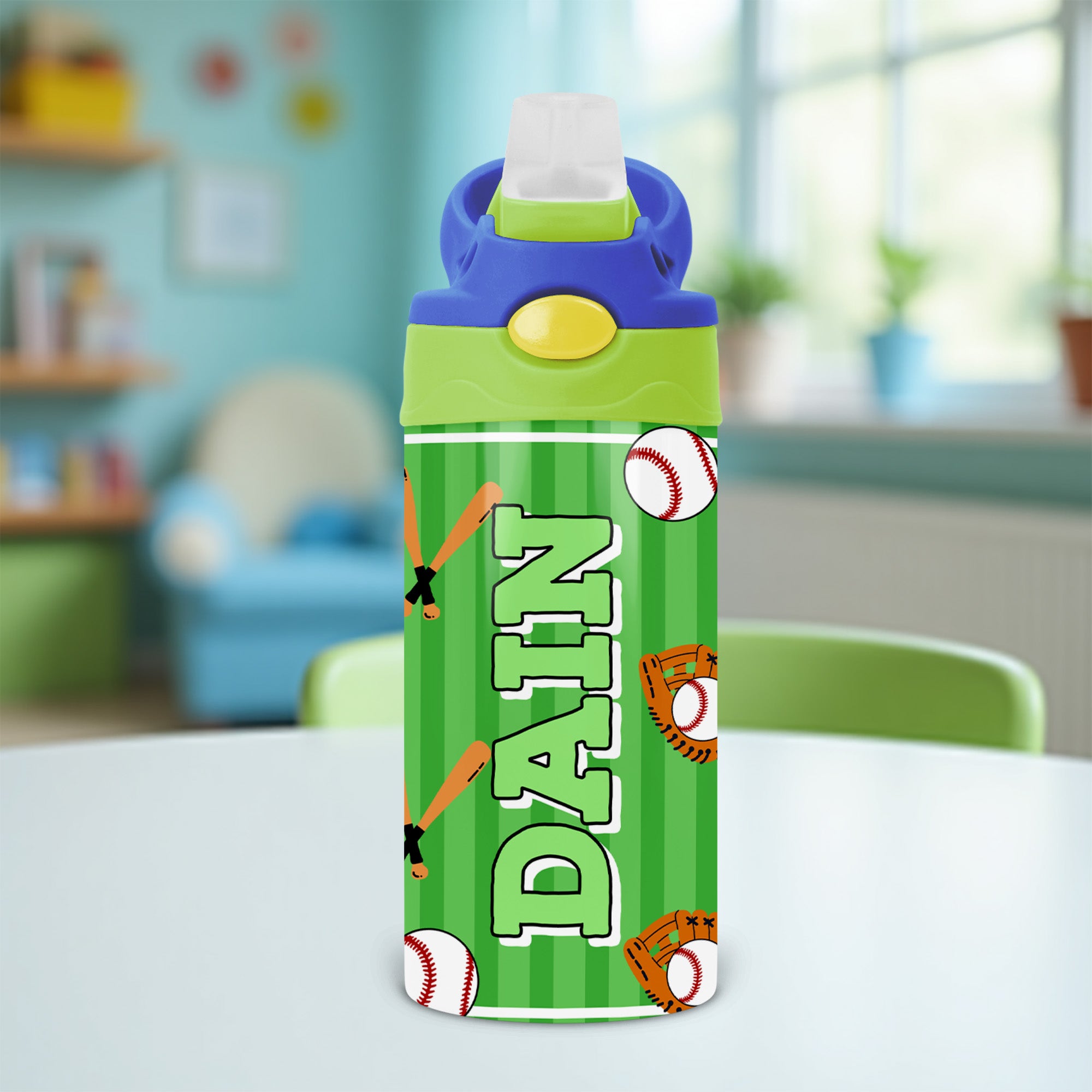 Personalized baseball water bottle for kids with custom name and flip top lid, perfect for baseball practice or school.