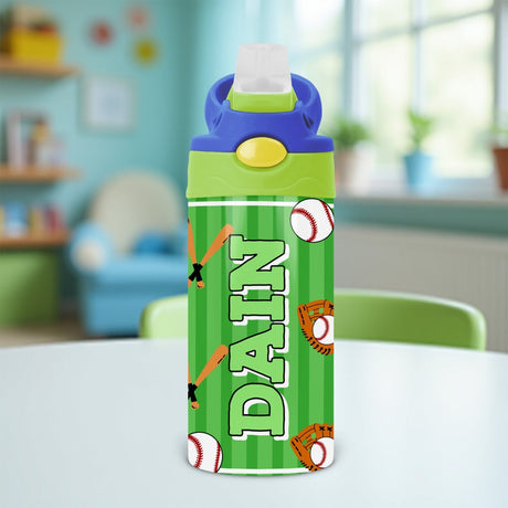 Personalized baseball water bottle for kids with custom name and flip top lid, perfect for baseball practice or school.