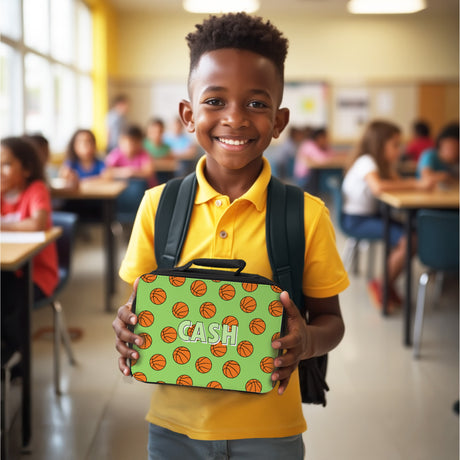 Boys basketball lunch box and water bottle personalized with child’s name, back-to-school must-have.