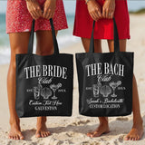Custom bachelorette beach tote bag with personalized name, perfect bridesmaid or bride party favor gift.