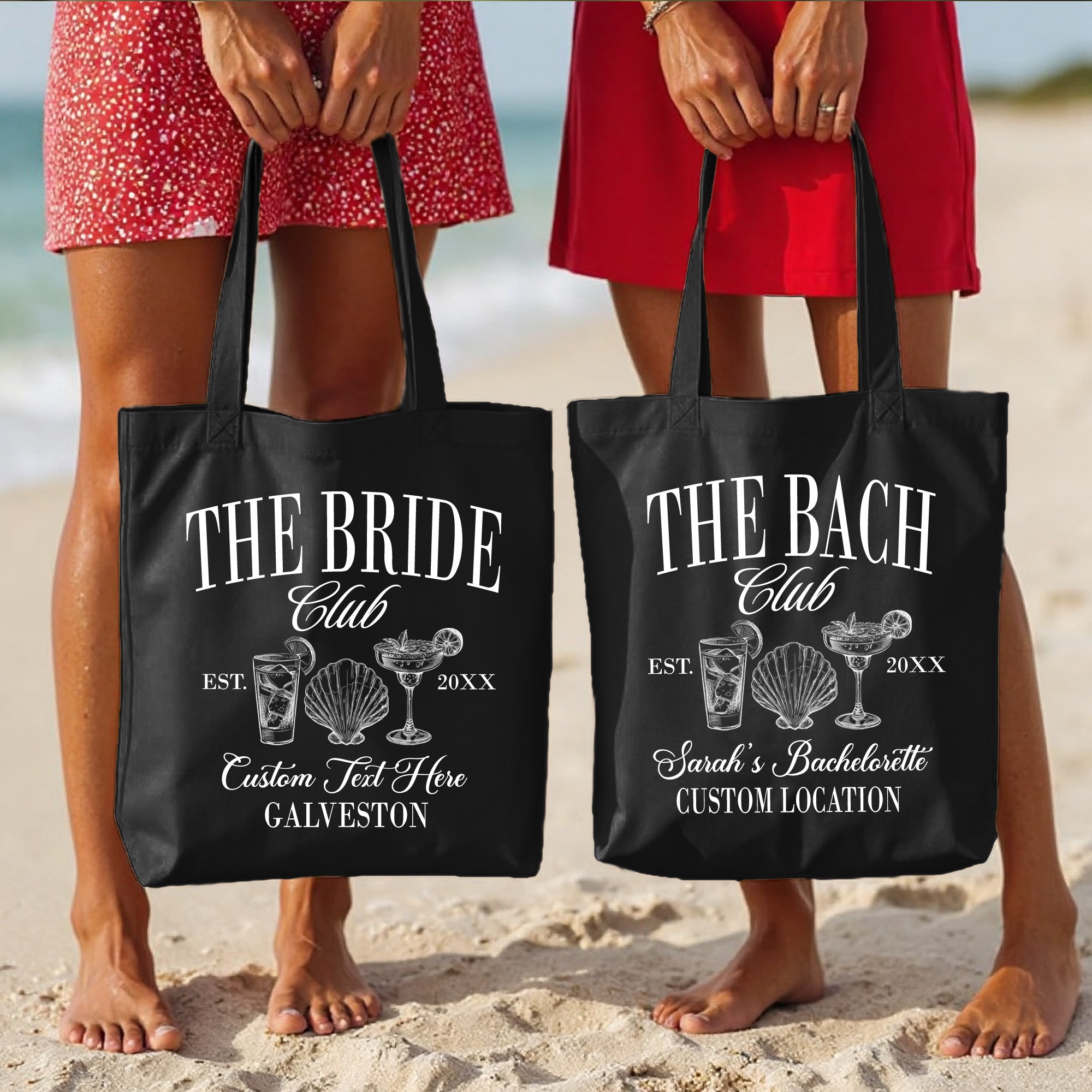 Custom bachelorette beach tote bag with personalized name, perfect bridesmaid or bride party favor gift.