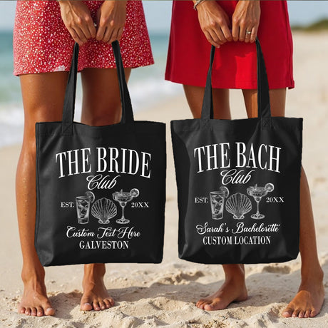 Custom bachelorette beach tote bag with personalized name, perfect bridesmaid or bride party favor gift.
