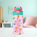 Personalized kids water bottle with butterfly design, custom name cup with flip lid, ideal for school or daycare.