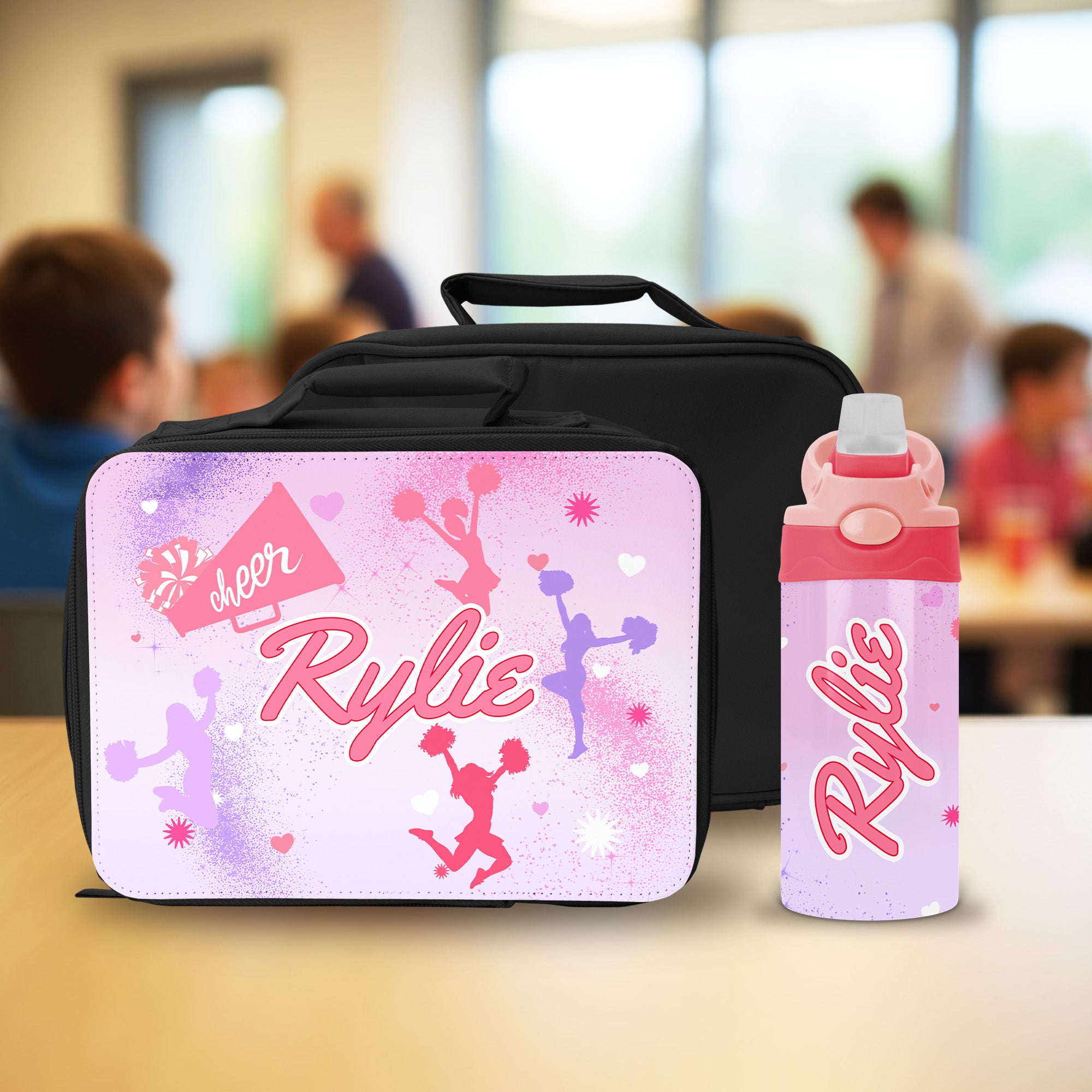 Personalized cheer lunch box and water bottle set with custom name for girls back to school gift.