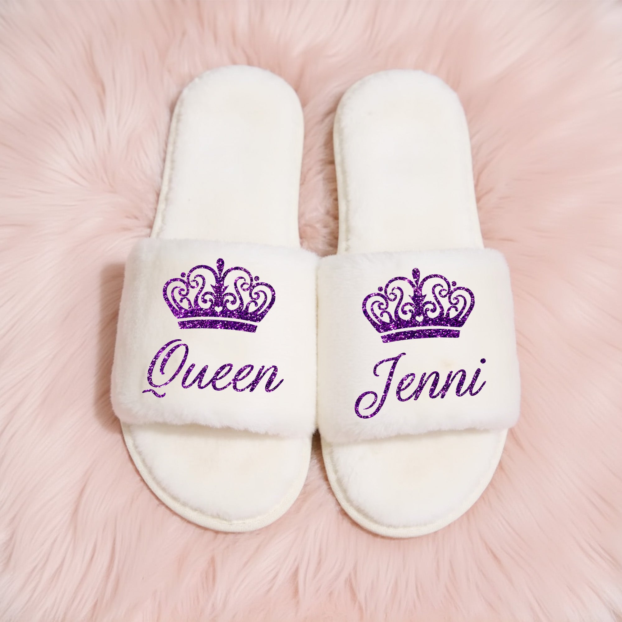 Queen Fluffy Slide Slippers for Women Personalized with Name, Custom Gifts for Her