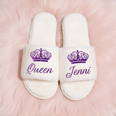 Queen Fluffy Slide Slippers for Women Personalized with Name, Custom Gifts for Her