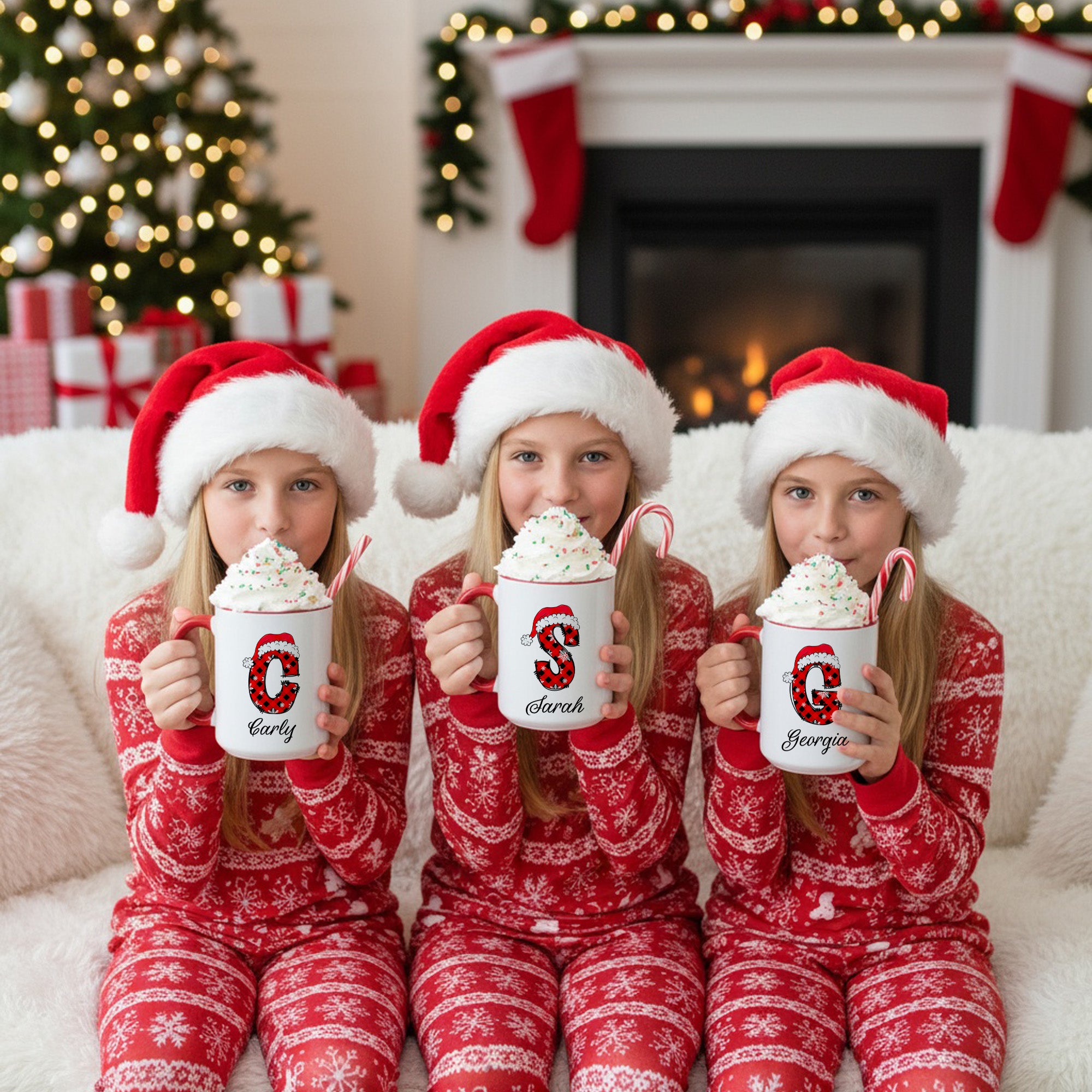 Red and Black Plaid Initial Personalized Christmas Mugs for Kids and Adults
