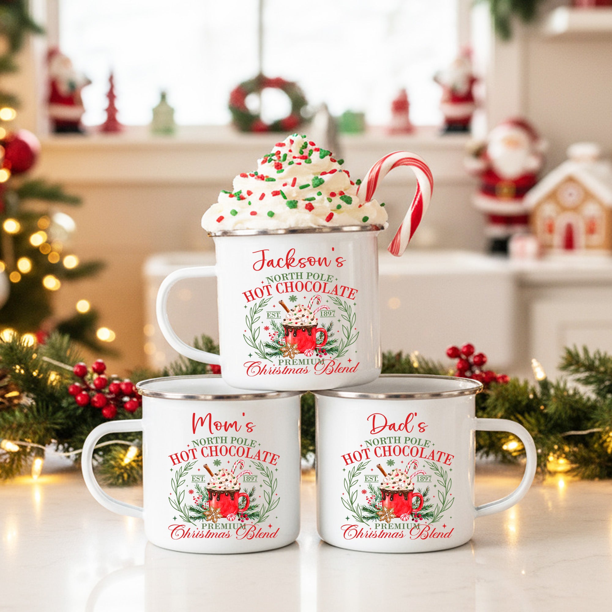 Group and family Christmas mugs personalized with name for holiday party favors and hot chocolate.