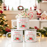 Group and family Christmas mugs personalized with name for holiday party favors and hot chocolate.