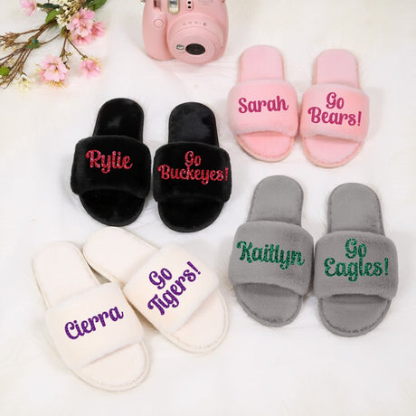 University slippers for women personalized with mascot, name, and graduation year for stylish comfort.