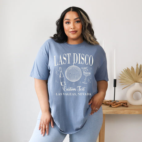 Personalized Comfort Colors t-shirt with disco bride squad design, ideal bridesmaid proposal gift or bachelorette weekend outfit.