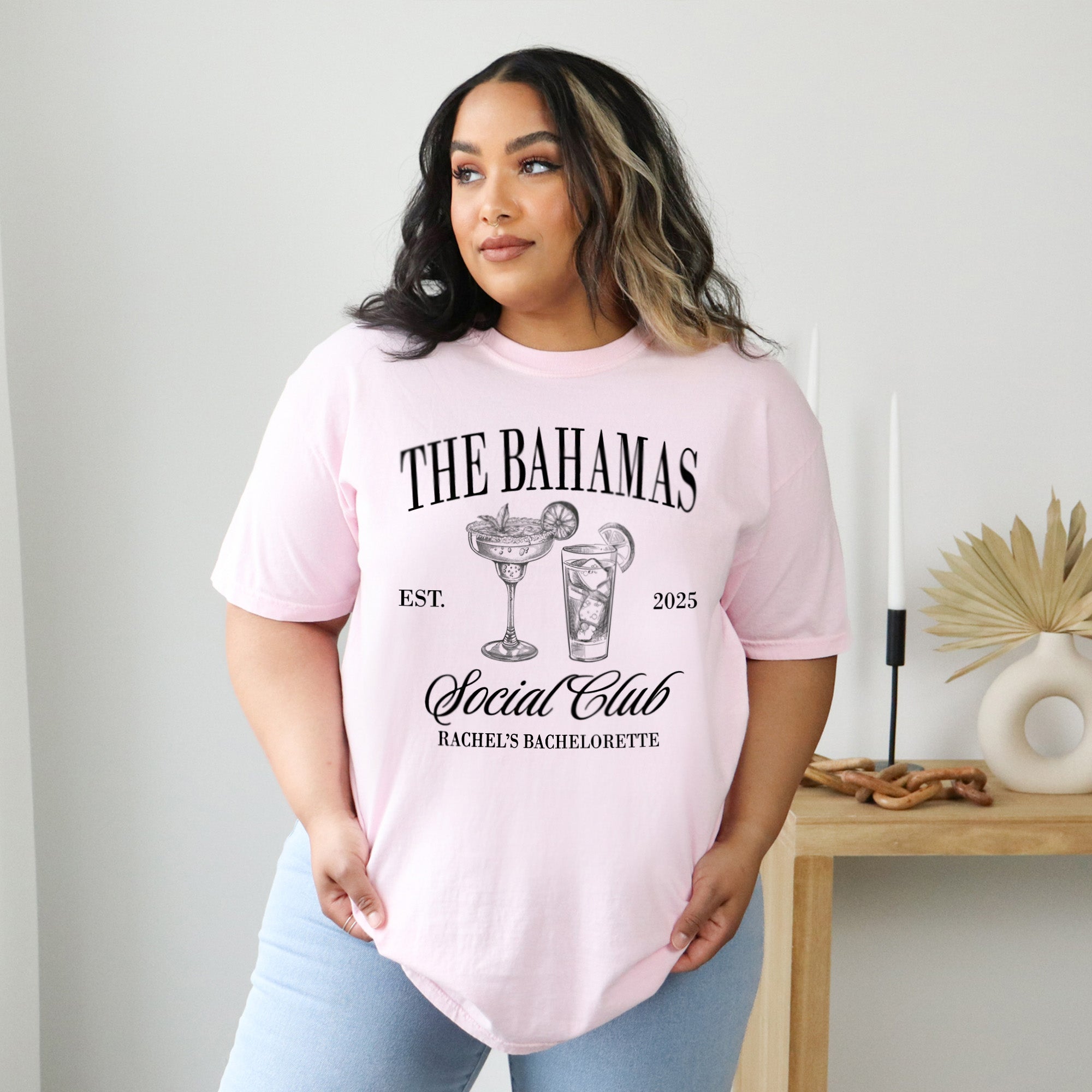 Social Club themed bachelorette shirts for bridal party, personalized with location for destination bachelorette weekends and group photos.