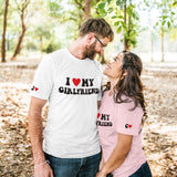 White and pink I Love My Girlfriend, I Love My Boyfriend Couples T-Shirts. Personalized couples with initials.