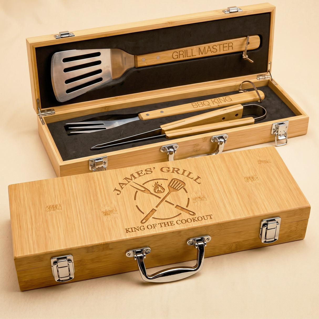 The Grill Master BBQ Tool Set with Engraved Case - 3 Piece Bamboo Kit