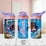 Custom back to school water bottle for girls with fairies and personalized name for easy identification.
