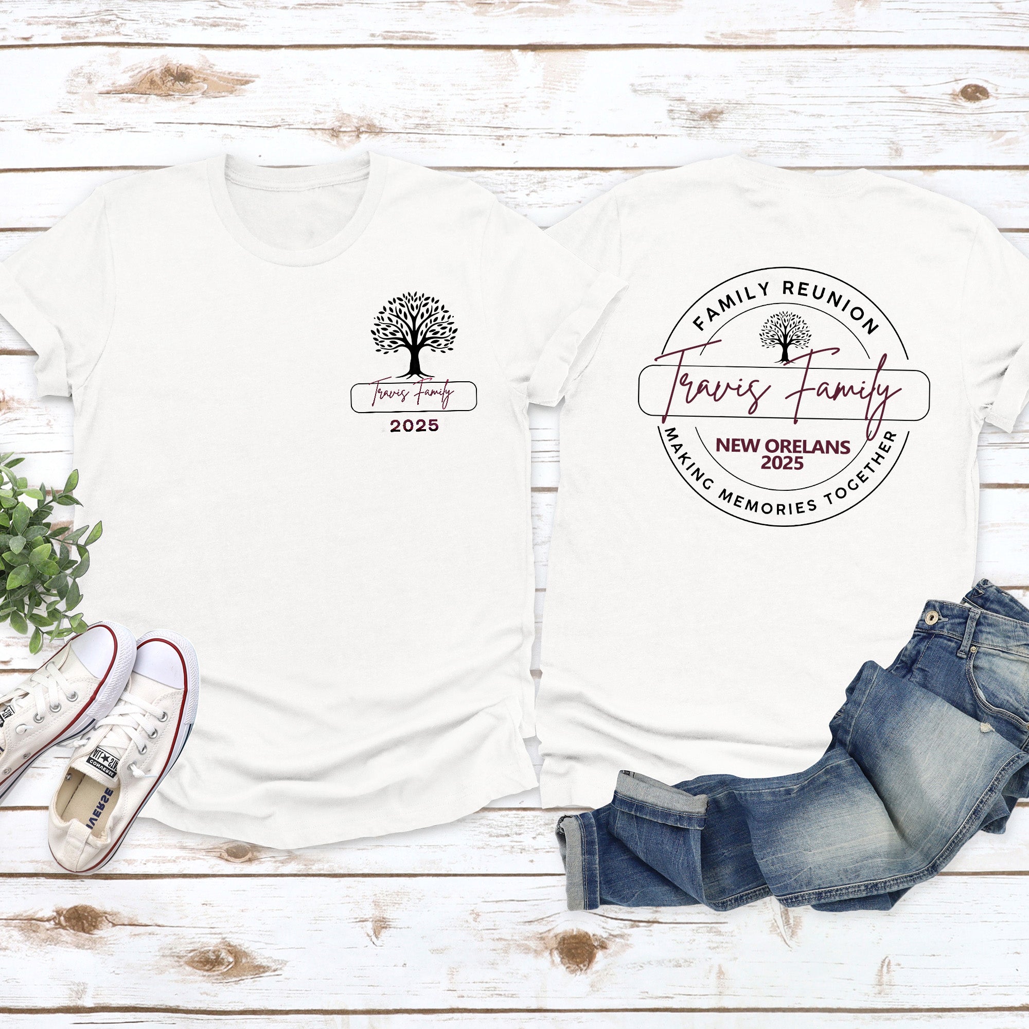 Custom family reunion t-shirts with tree design and personalized last name, perfect matching shirts for group photos and family gatherings.