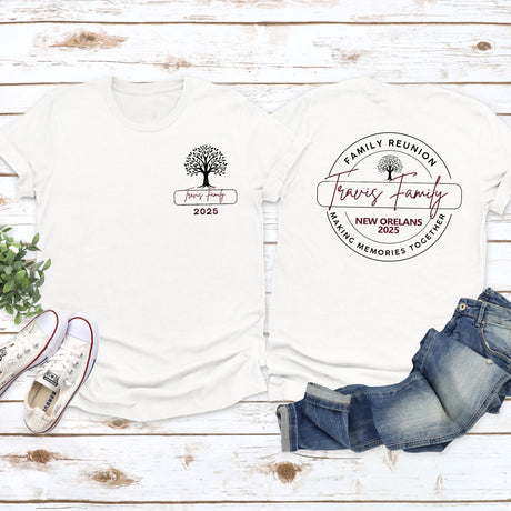 Custom family reunion t-shirts with tree design and personalized last name, perfect matching shirts for group photos and family gatherings.