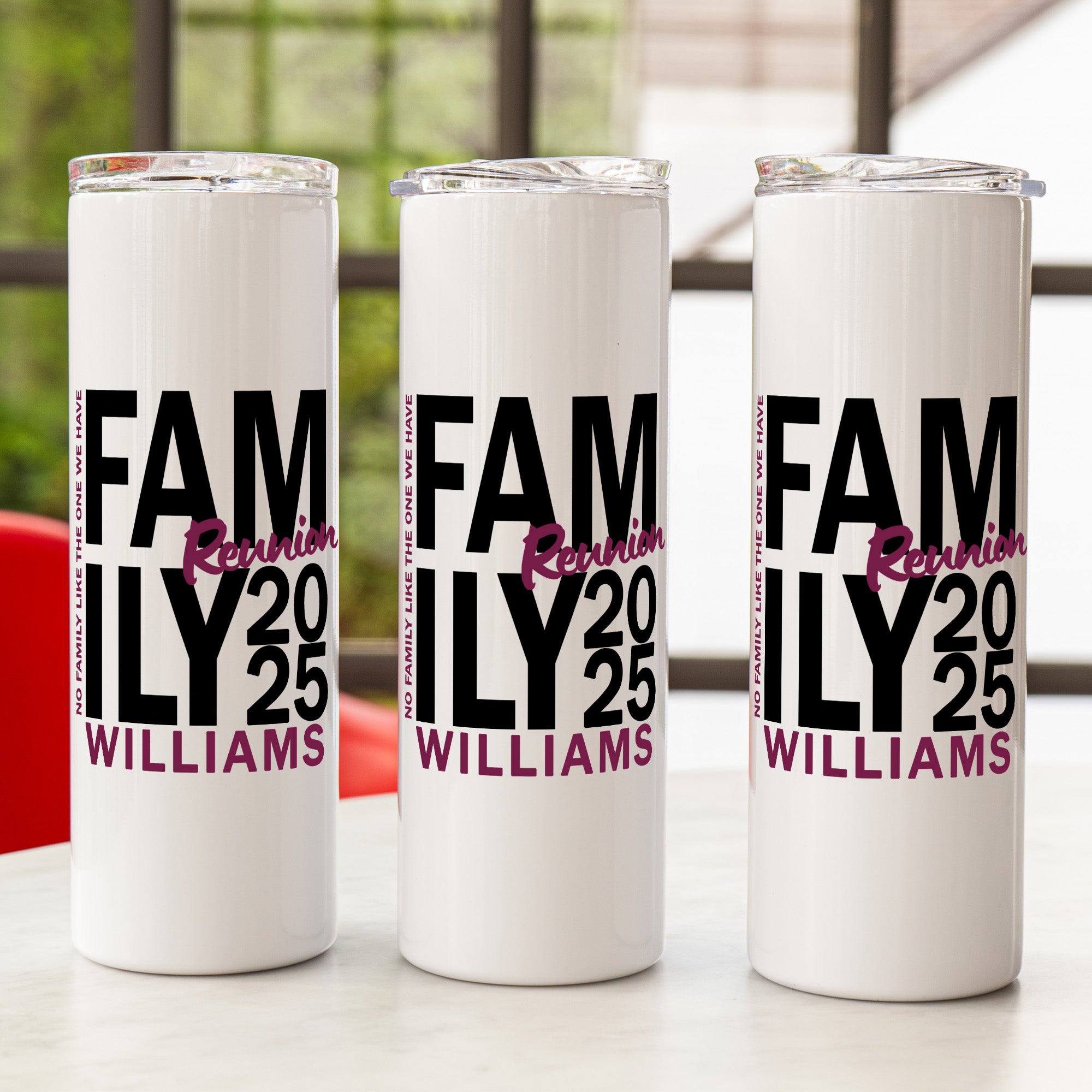 A funny personalized family reunion tumbler, perfect for group gifts and family gathering drinkware.