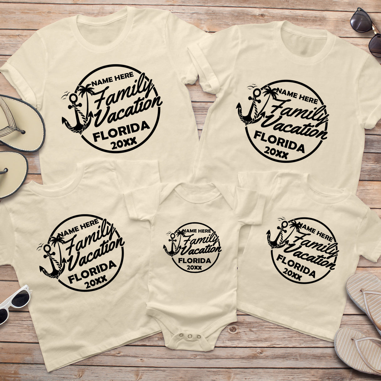 Custom family beach vacation shirts personalized matching family trip shirts for summer beach photos and family reunions with custom names.