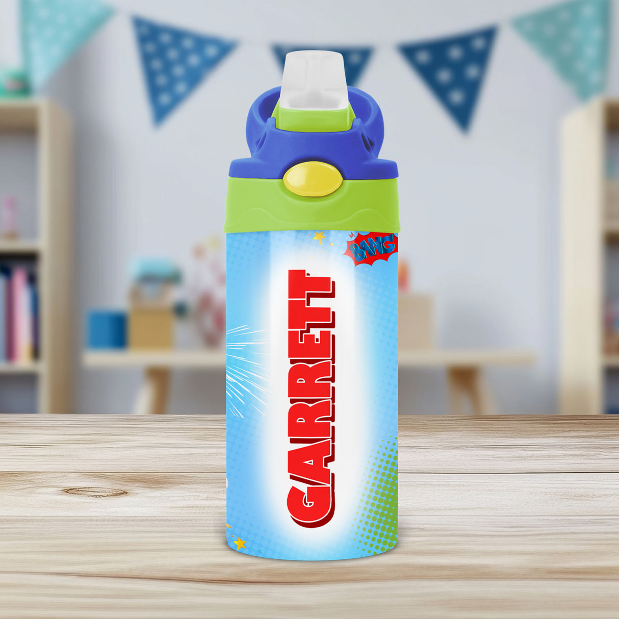 Kids personalized superhero water bottle with name, ideal for team gifts and birthdays.
