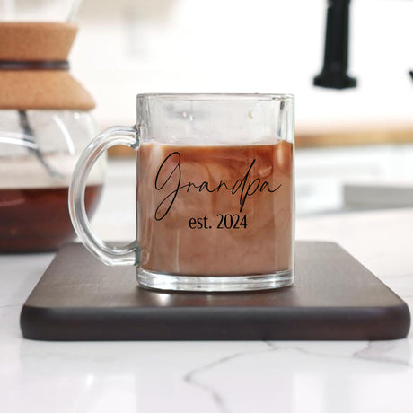 Coffee mug for Grandpa with name and year. Clear glass Father’s Day gift. Minimalist Father’s Day mug personalized with name perfect gift for him. 