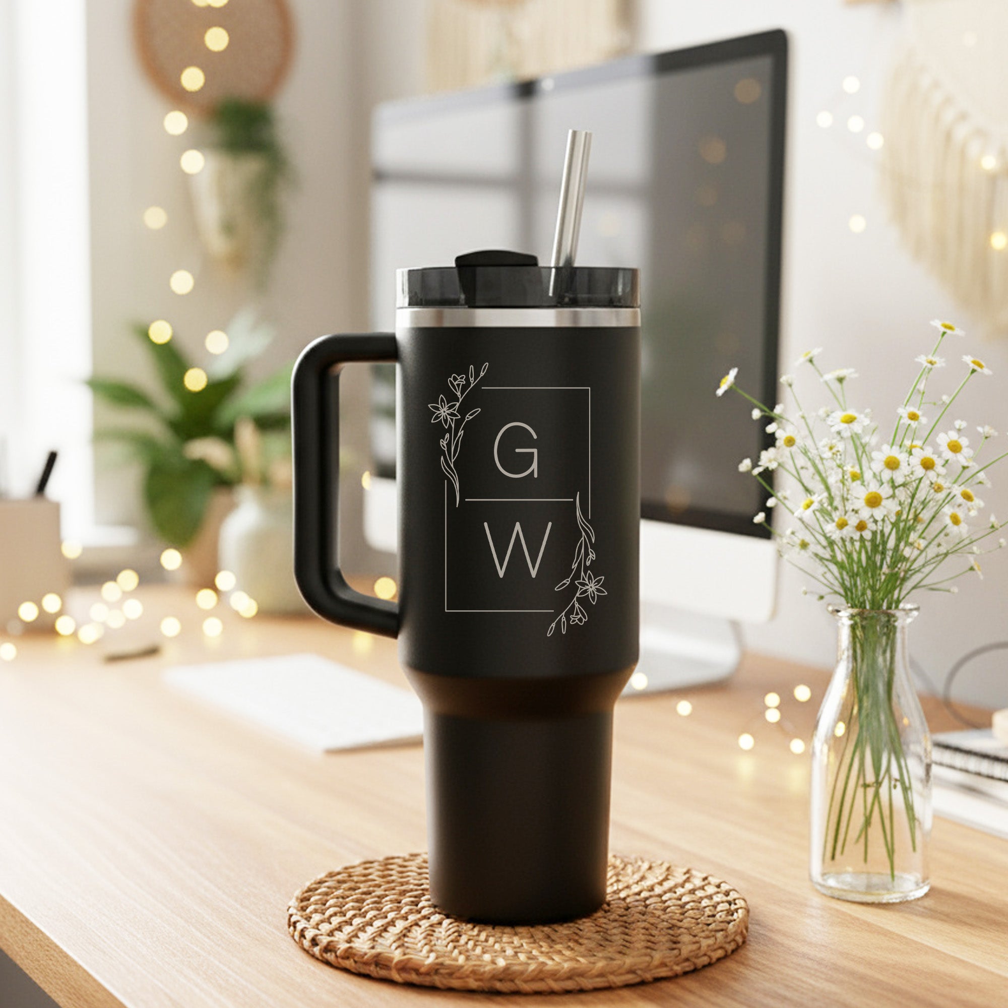 Rectangle Wreath with Initials 40oz Personalized Tumbler with Name