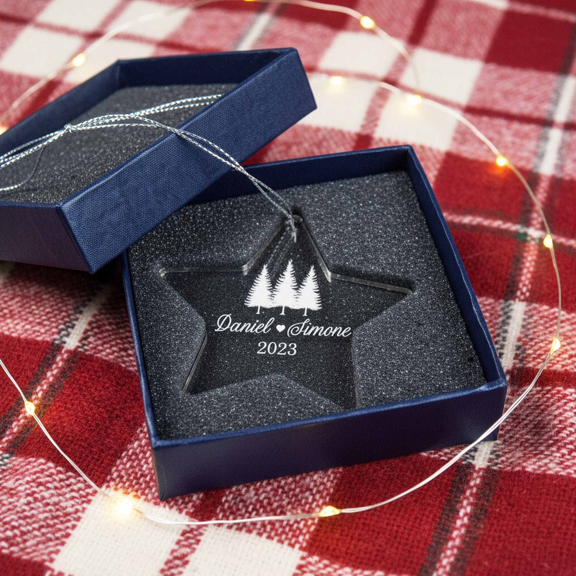 Couple Names w Trees Personalized Crystal Ornament for Christmas with Gift Box, Variety of Shapes