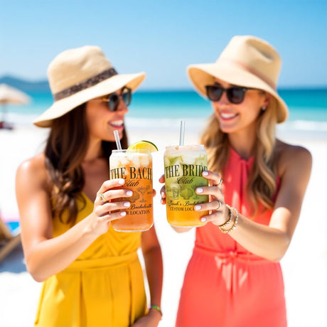 Custom Iced Coffee Glass for Bachelorette Weekend. Beach Club Theme with Bride and Bridesmaid Personalization