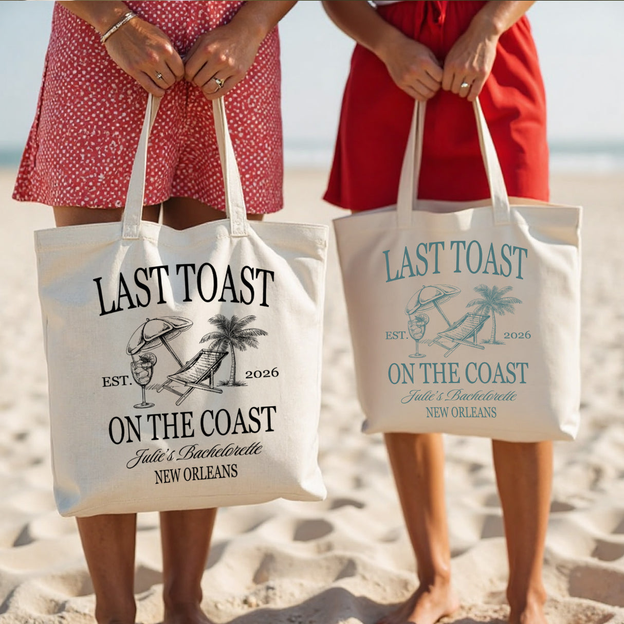 Custom Last Toast on the Coast bachelorette tote bag with personalized name, perfect for beach bachelorette gifts. 