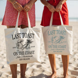 Custom Last Toast on the Coast bachelorette tote bag with personalized name, perfect for beach bachelorette gifts. 