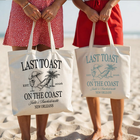 Custom Last Toast on the Coast bachelorette tote bag with personalized name, perfect for beach bachelorette gifts. 