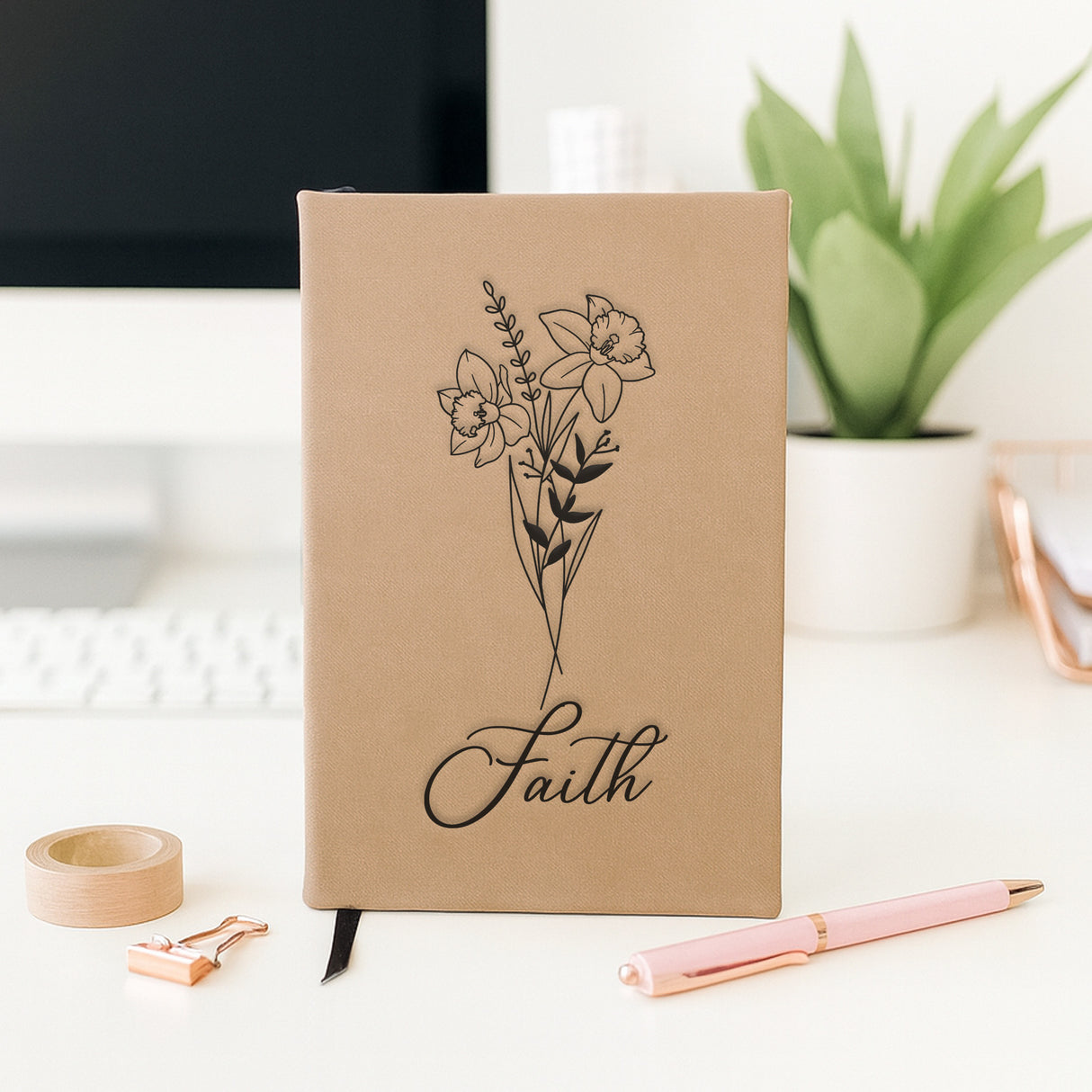 Custom birth flower journal with personalized name on cover and hand-drawn floral design.