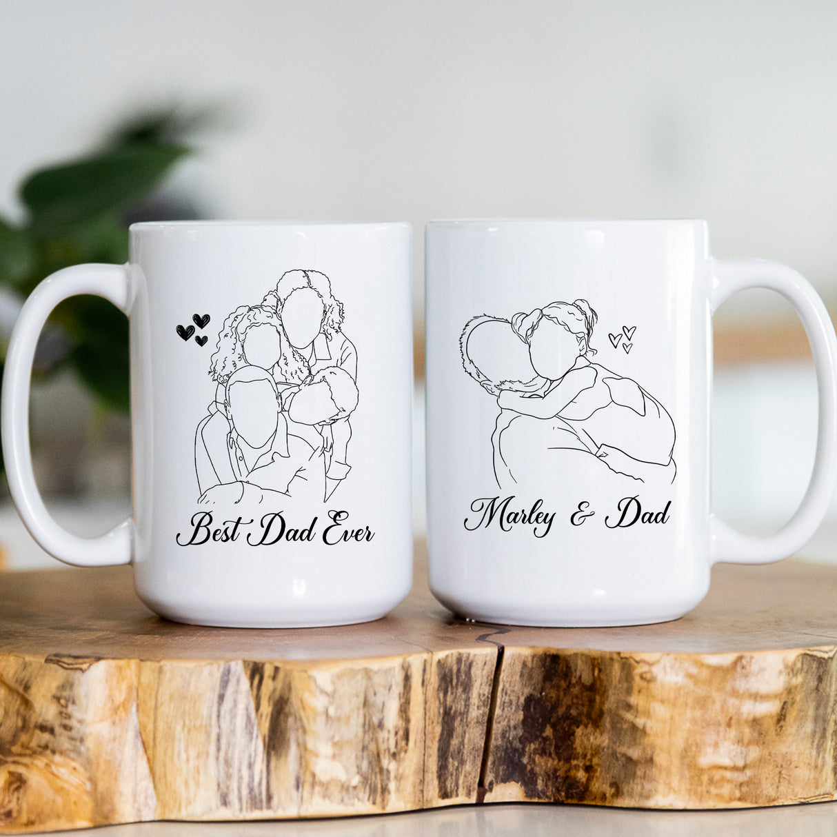 Sentimental personalized mug for Dad with line art family photo, a unique Father’s Day or birthday gift for dad.